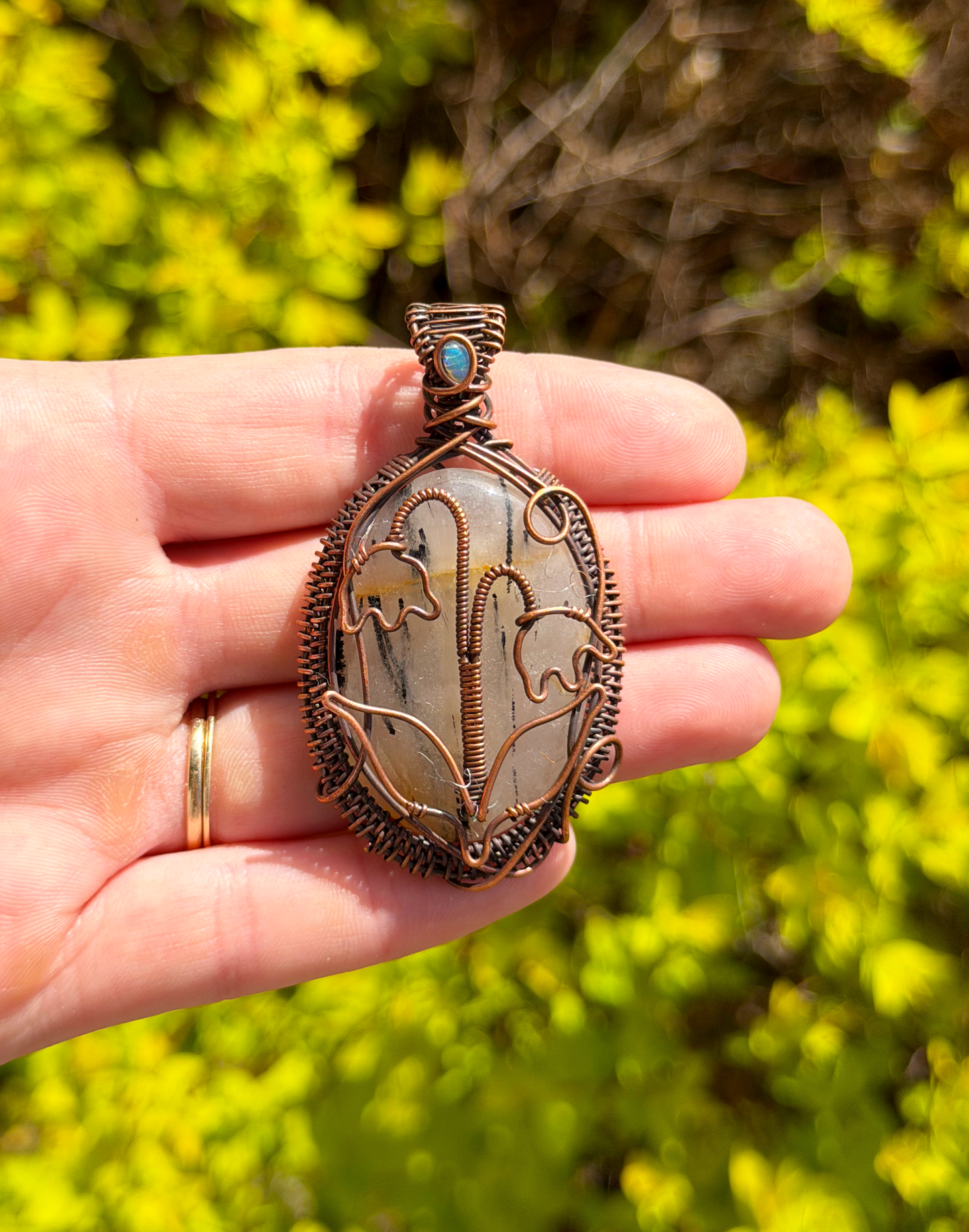 Lilly Of The Valley Dendrite Agate & Opal Accent Crystal Copper Pendant