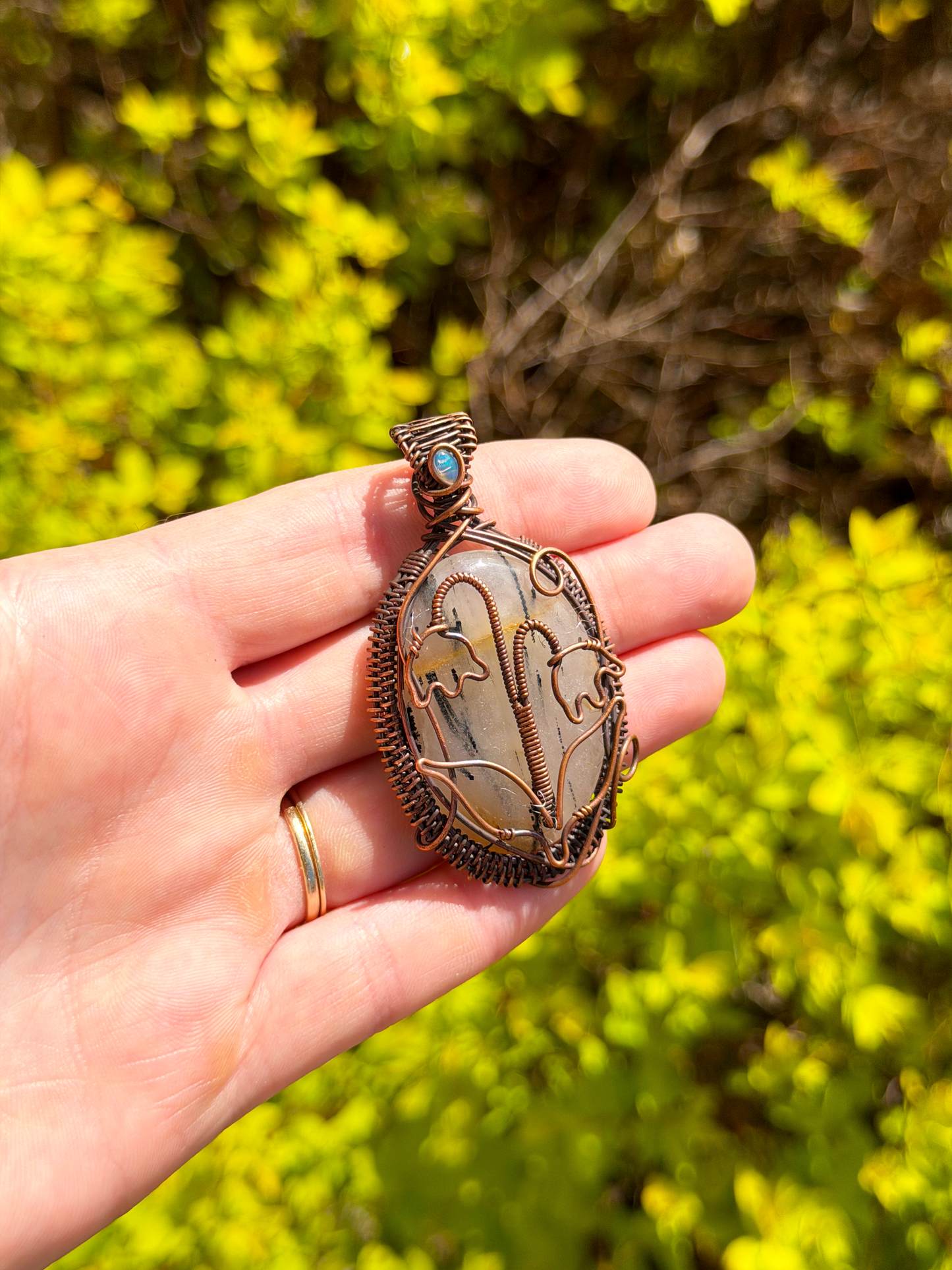 Lilly Of The Valley Dendrite Agate & Opal Accent Crystal Copper Pendant