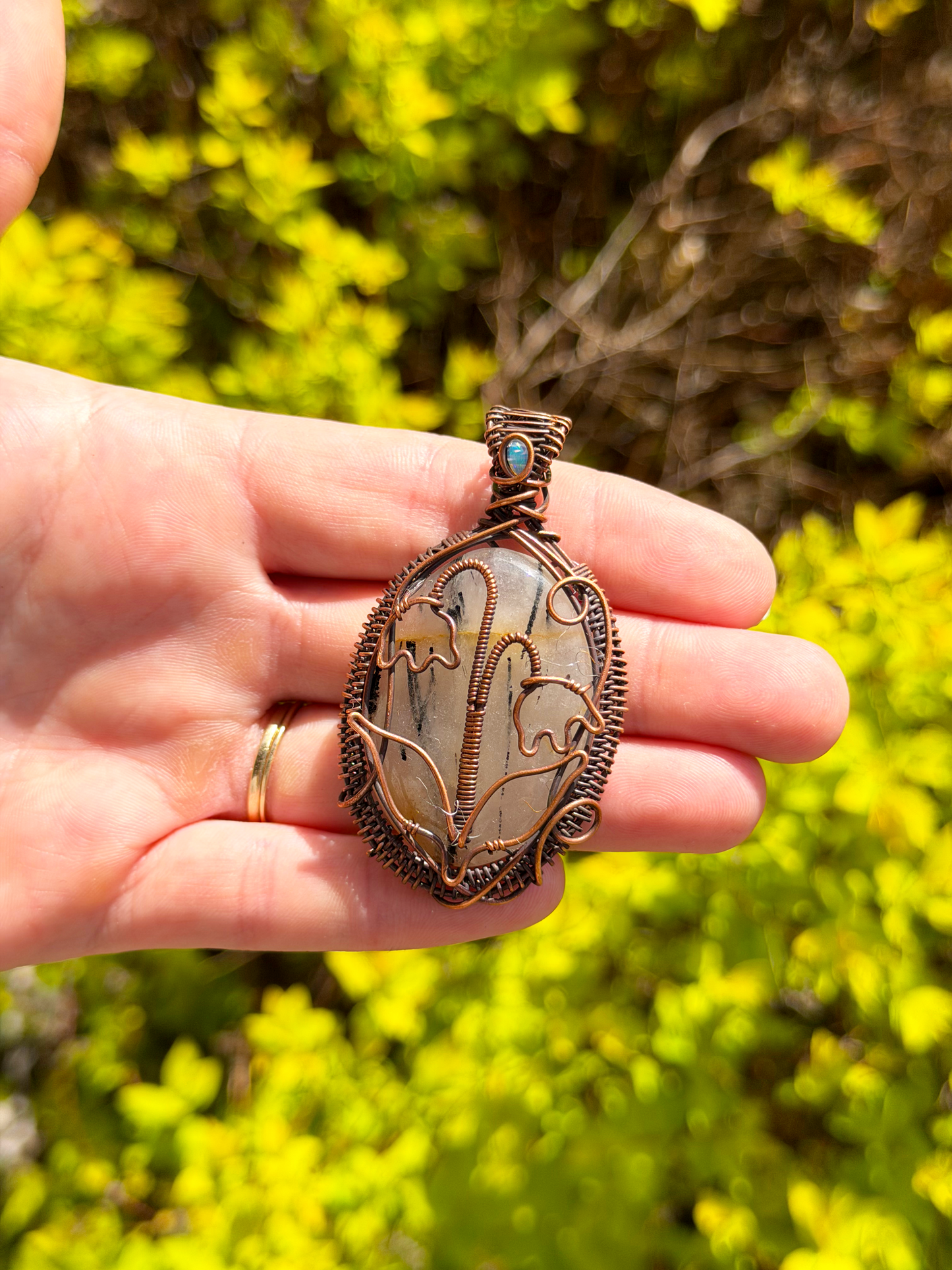 Lilly Of The Valley Dendrite Agate & Opal Accent Crystal Copper Pendant