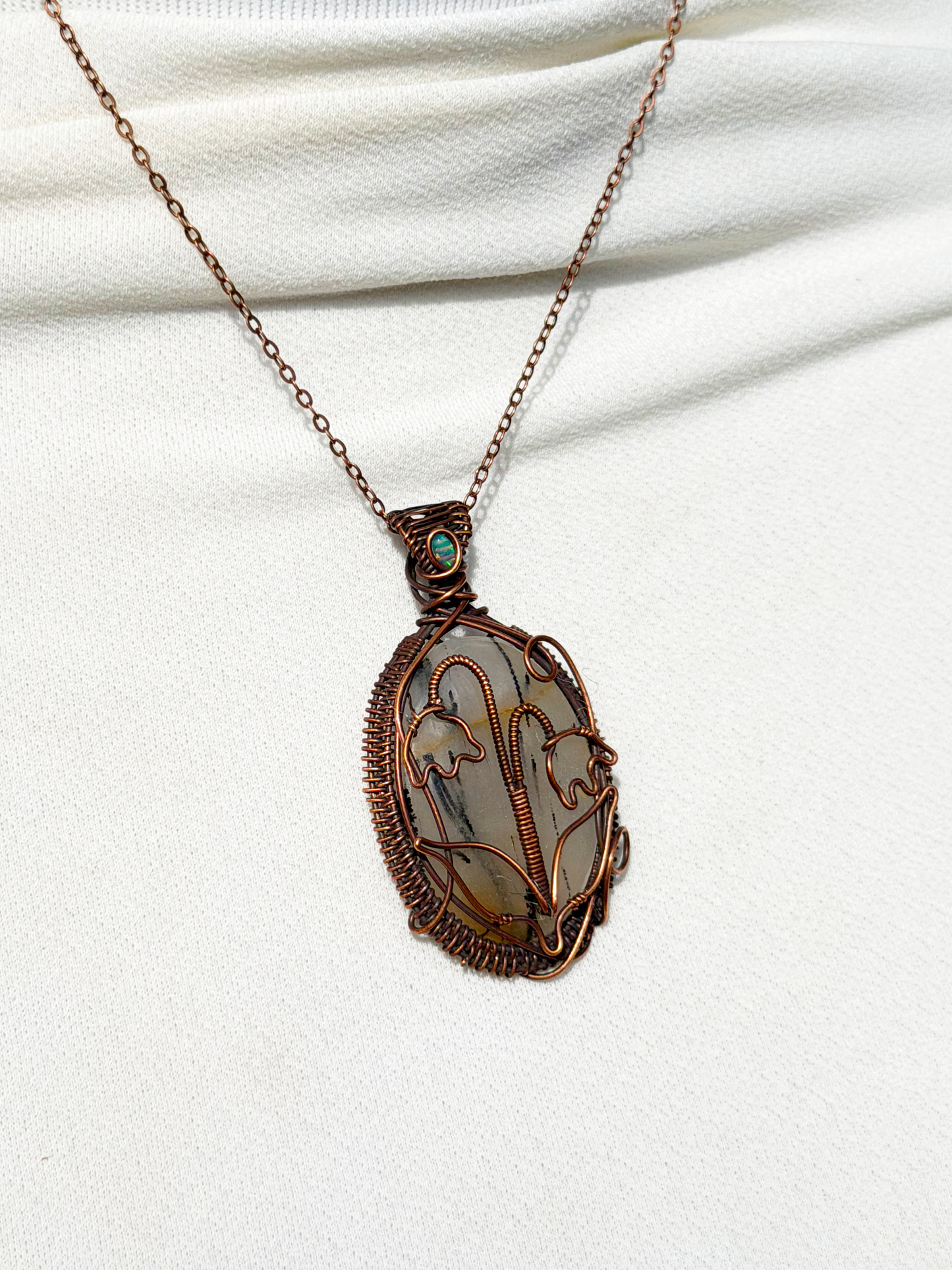Lilly Of The Valley Dendrite Agate & Opal Accent Crystal Copper Pendant