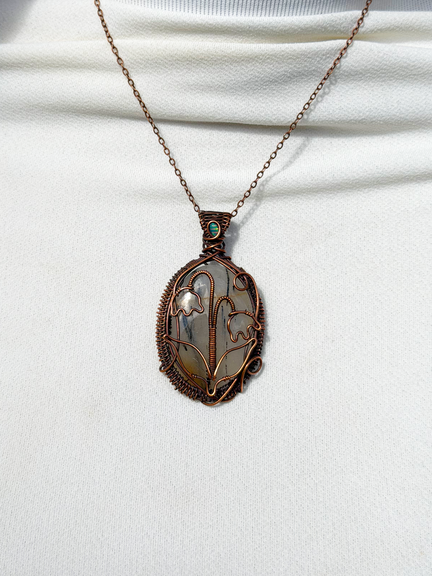 Lilly Of The Valley Dendrite Agate & Opal Accent Crystal Copper Pendant