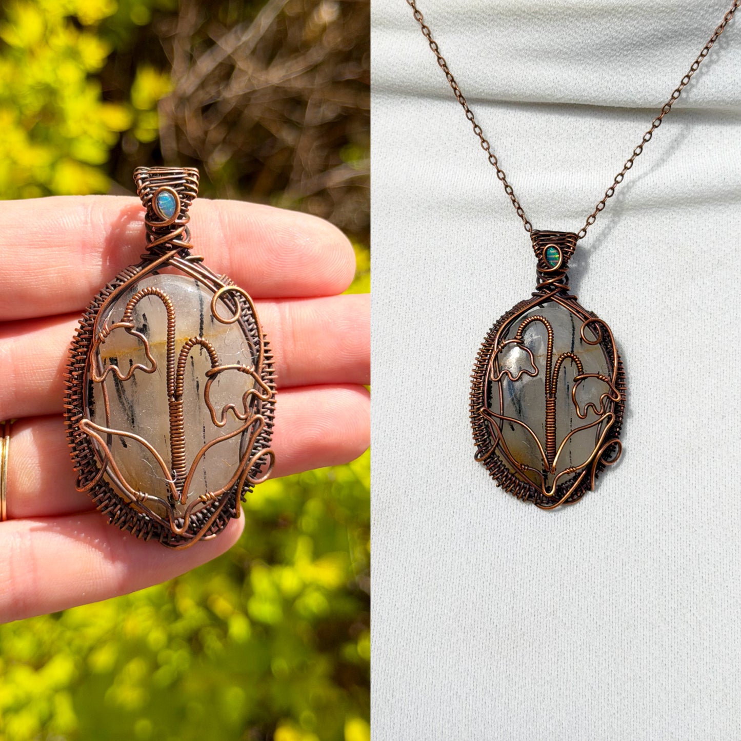 Lilly Of The Valley Dendrite Agate & Opal Accent Crystal Copper Pendant