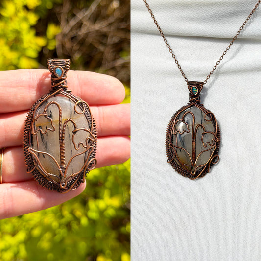 Lilly Of The Valley Dendrite Agate & Opal Accent Crystal Copper Pendant