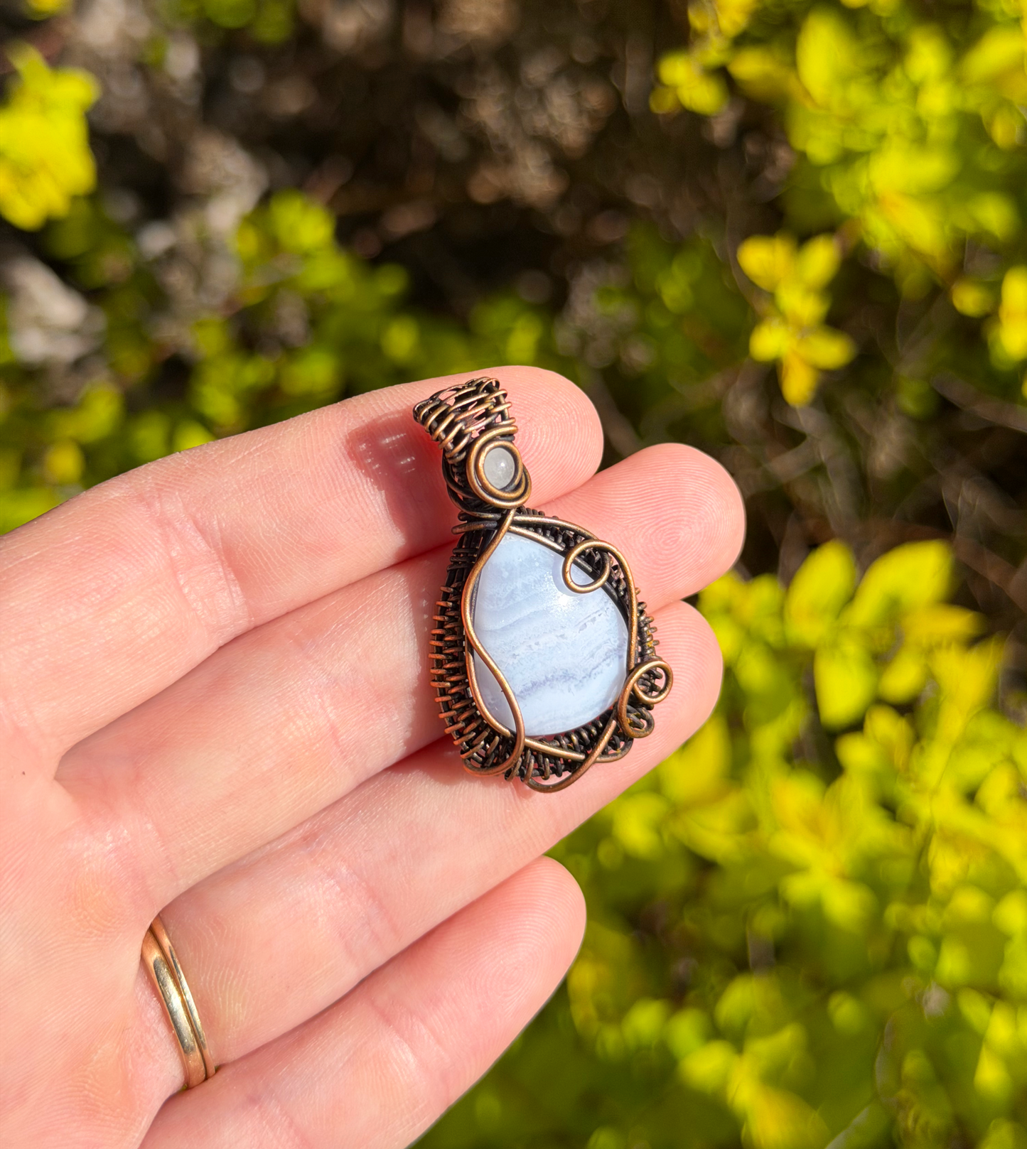 Blue Lace Agate & Clear Quartz Accent Crystal Copper Pendant