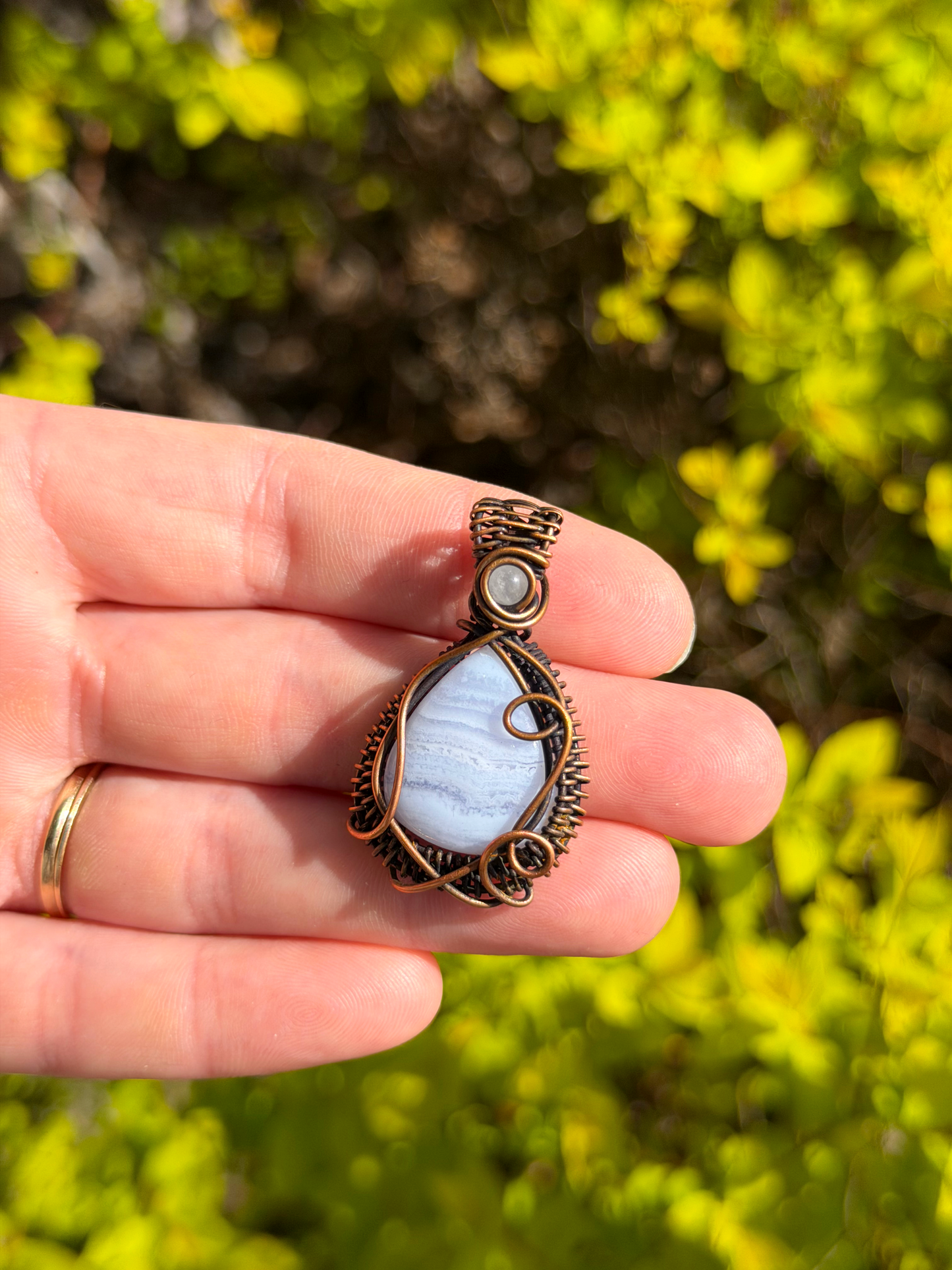 Blue Lace Agate & Clear Quartz Accent Crystal Copper Pendant