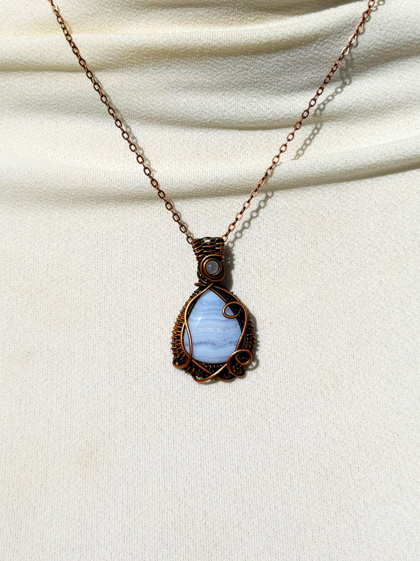 Blue Lace Agate & Clear Quartz Accent Crystal Copper Pendant