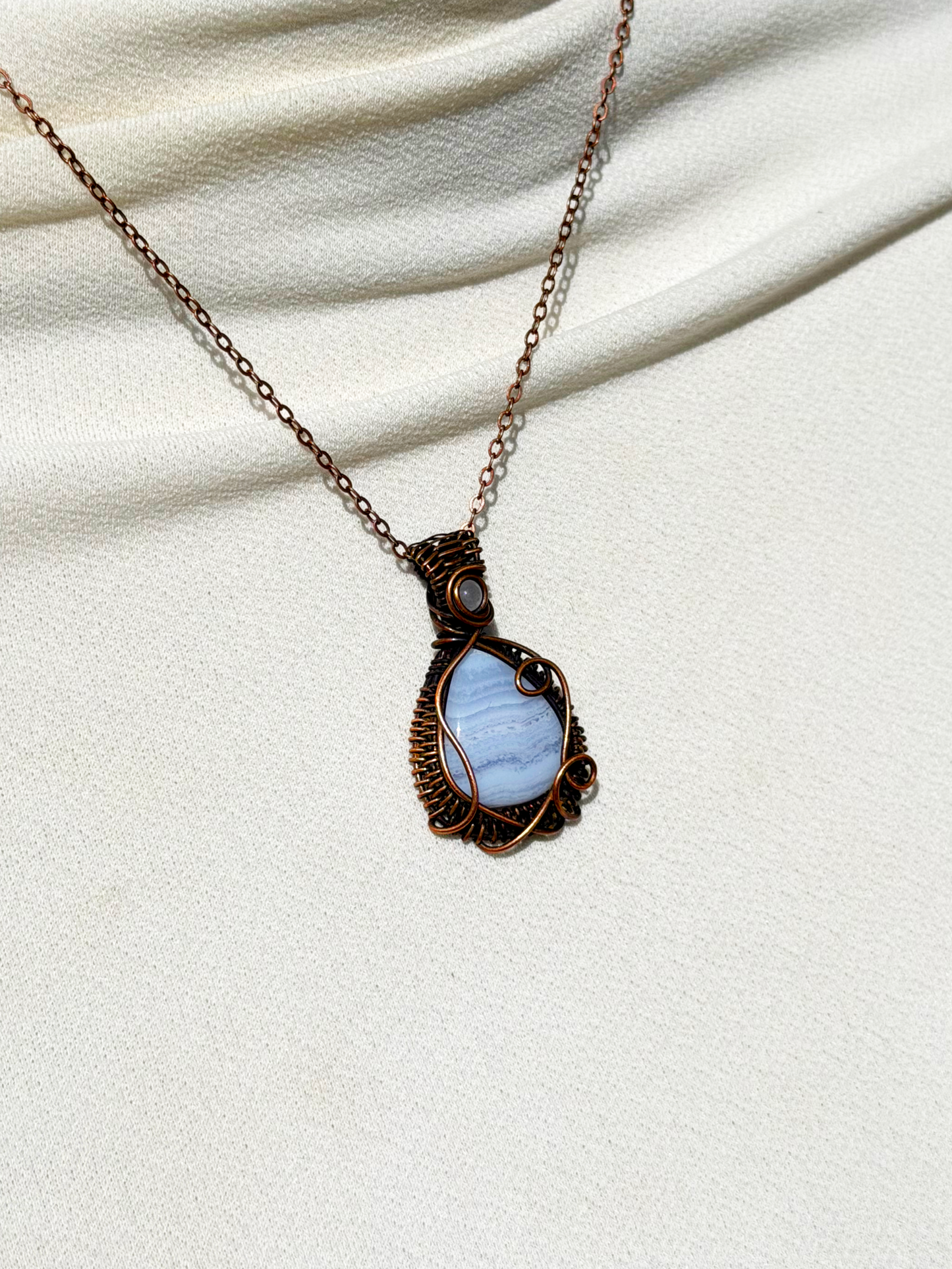 Blue Lace Agate & Clear Quartz Accent Crystal Copper Pendant