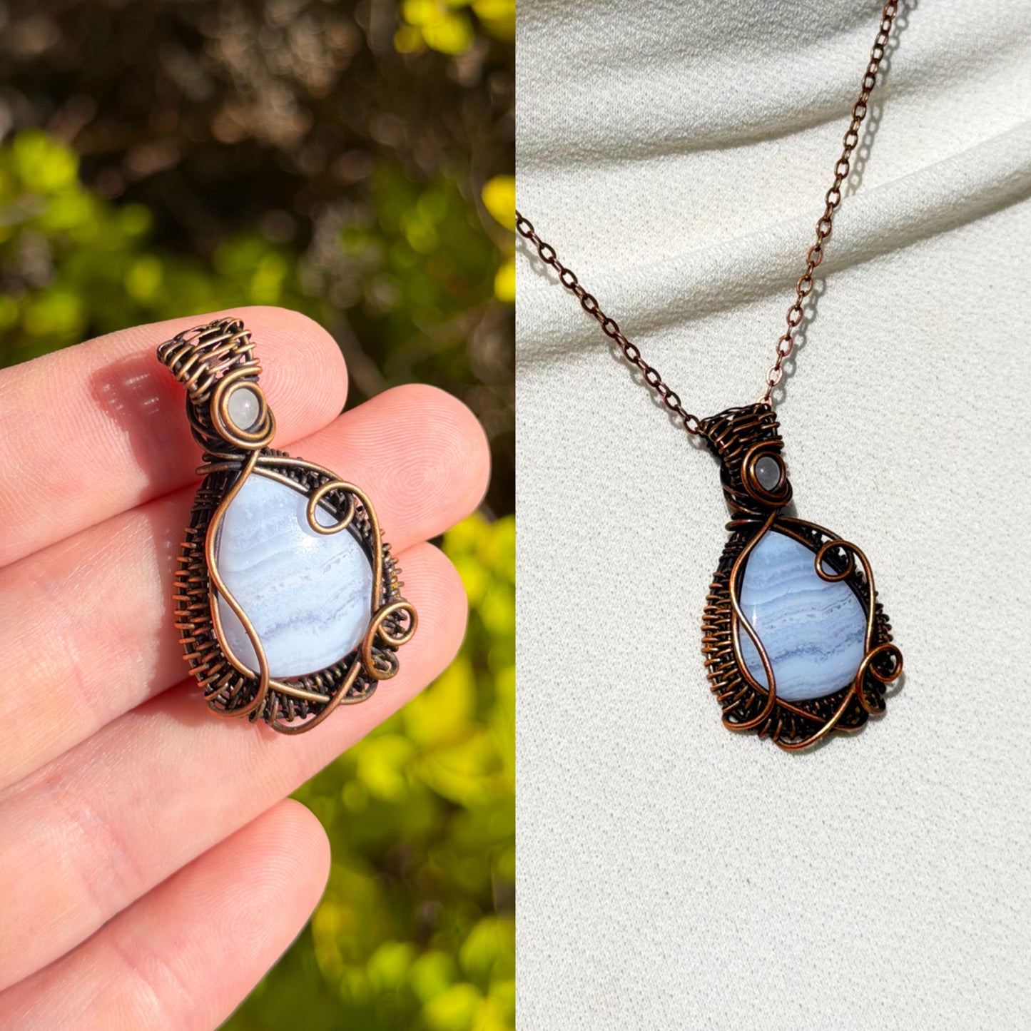 Blue Lace Agate & Clear Quartz Accent Crystal Copper Pendant