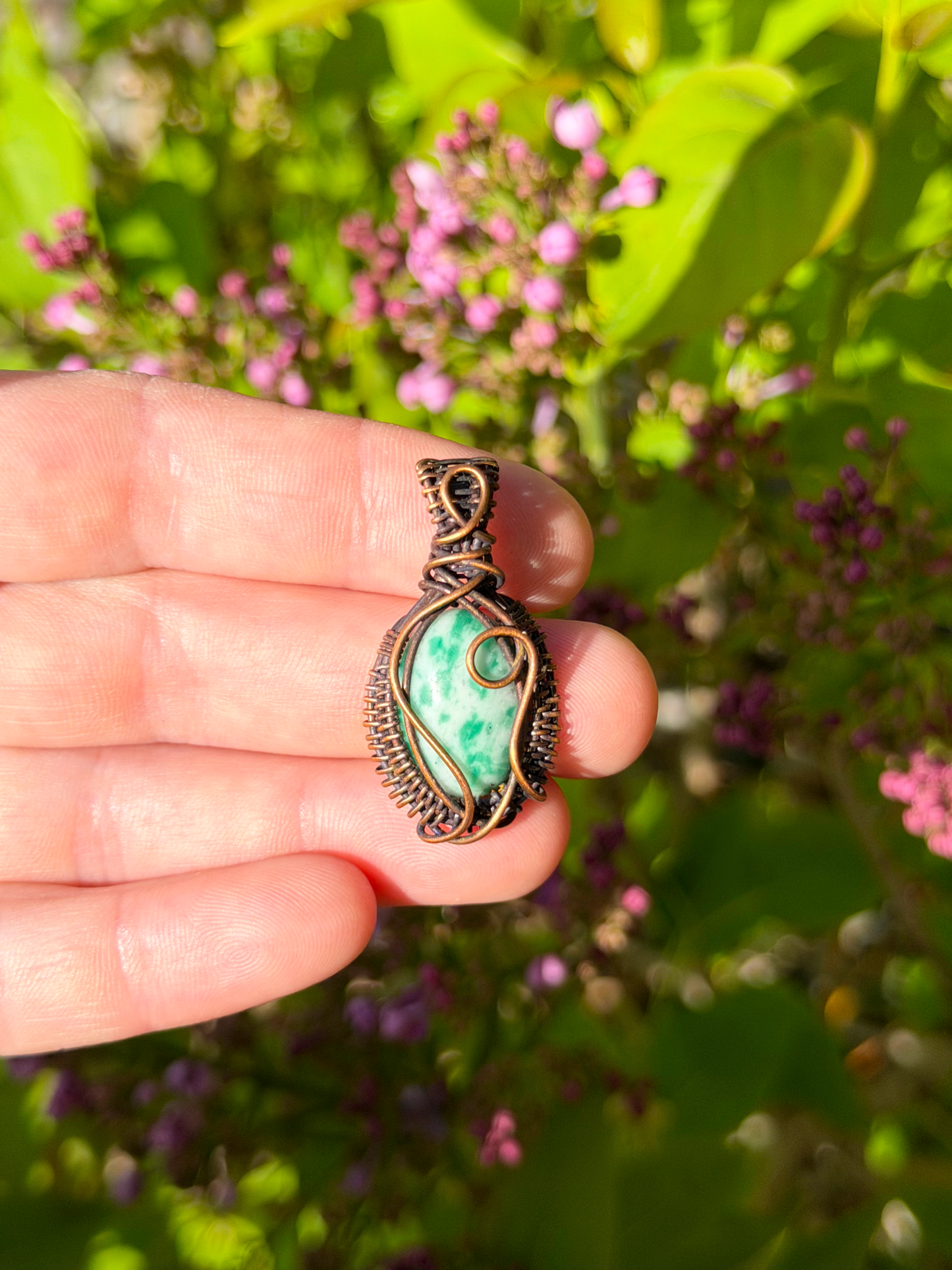 Mini Green Spotted Jasper Crystal Copper Pendant