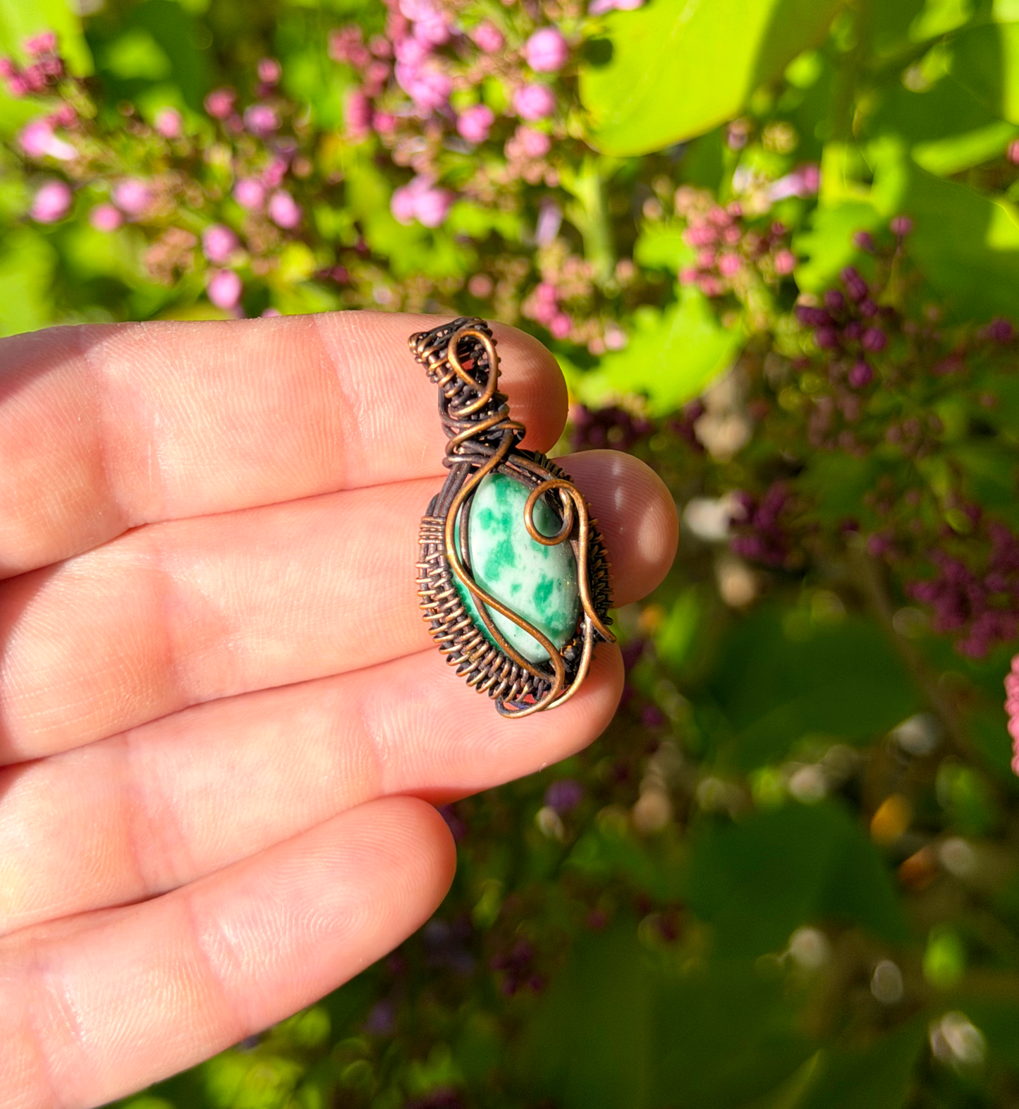 Mini Green Spotted Jasper Crystal Copper Pendant