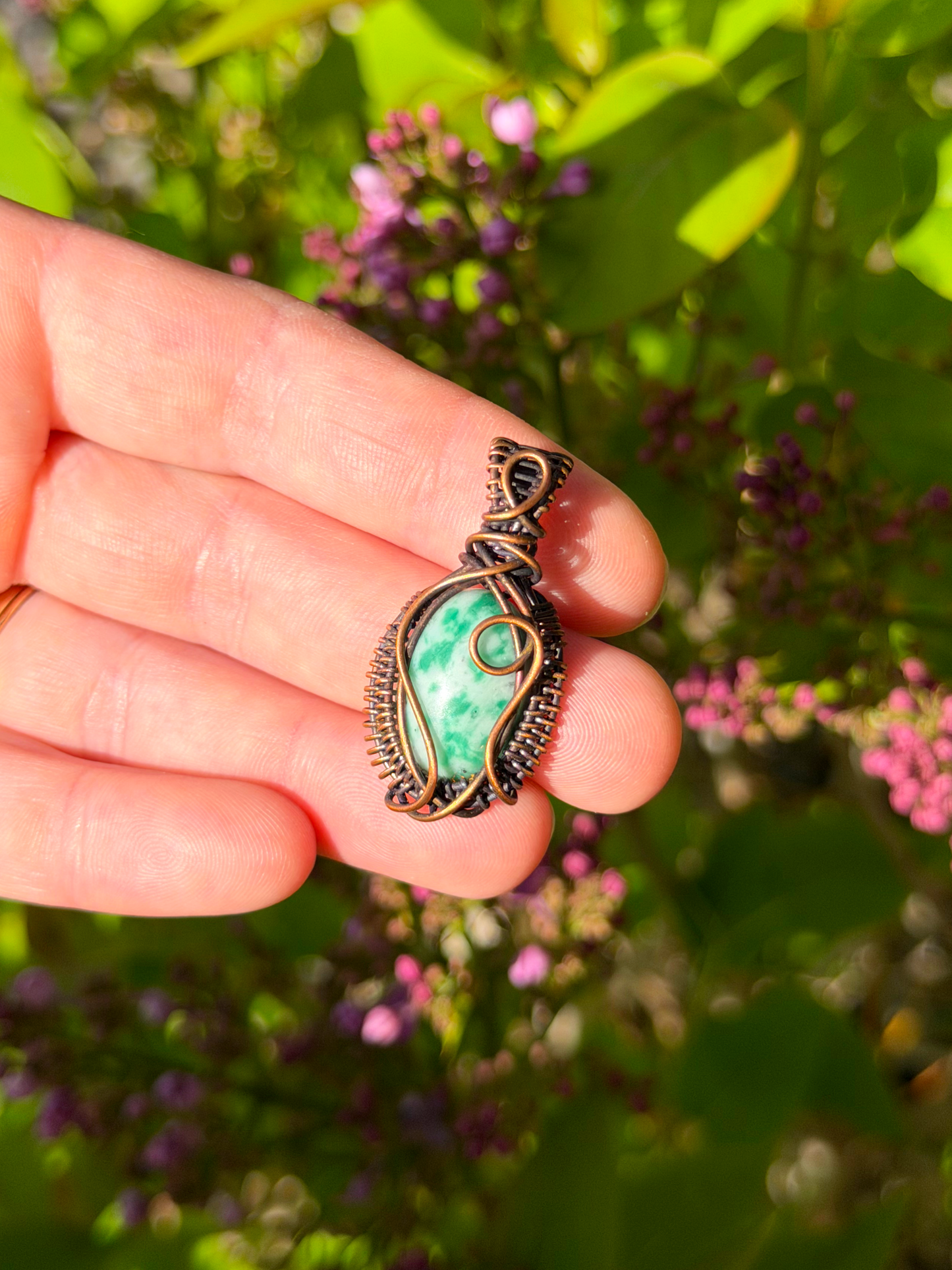 Mini Green Spotted Jasper Crystal Copper Pendant