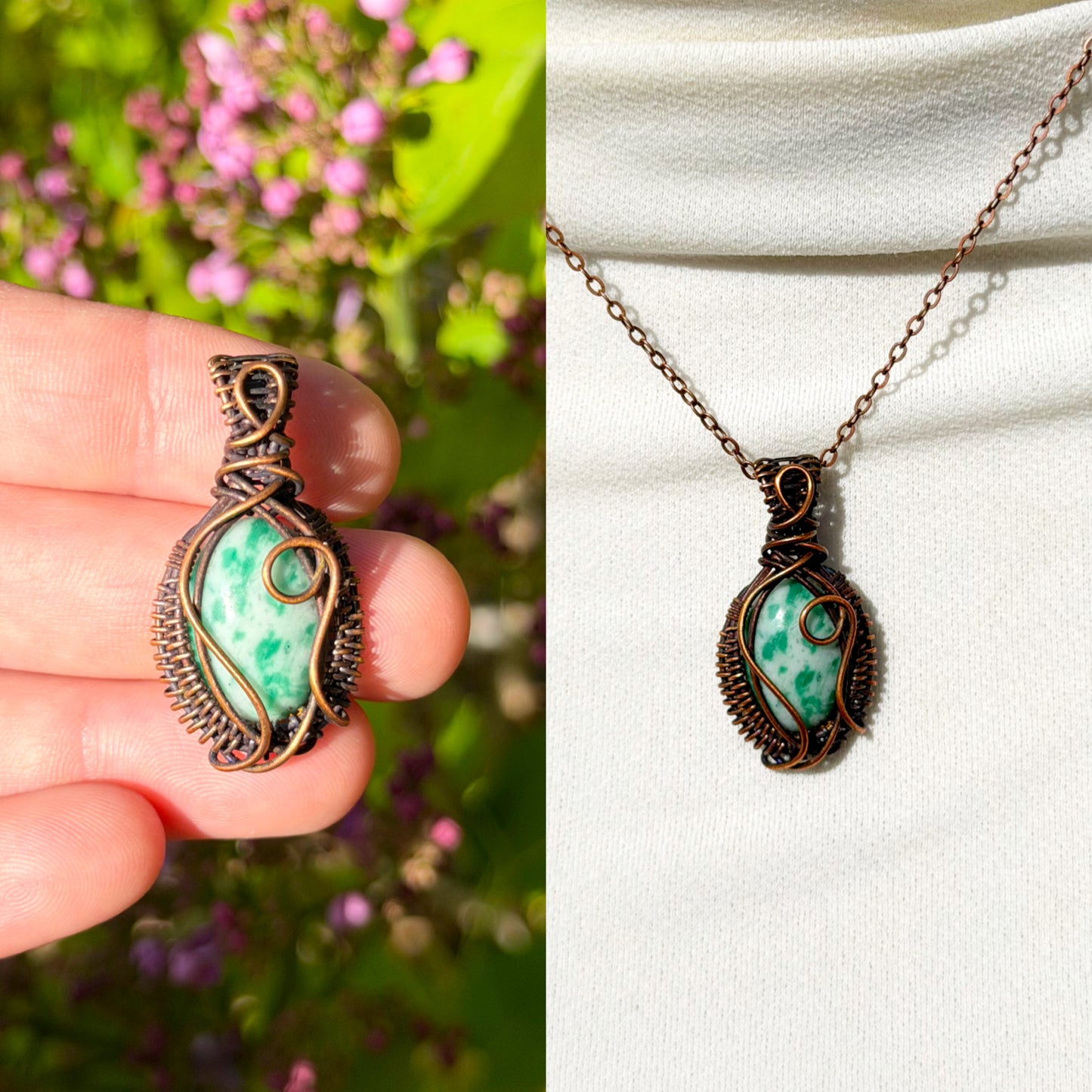 Mini Green Spotted Jasper Crystal Copper Pendant