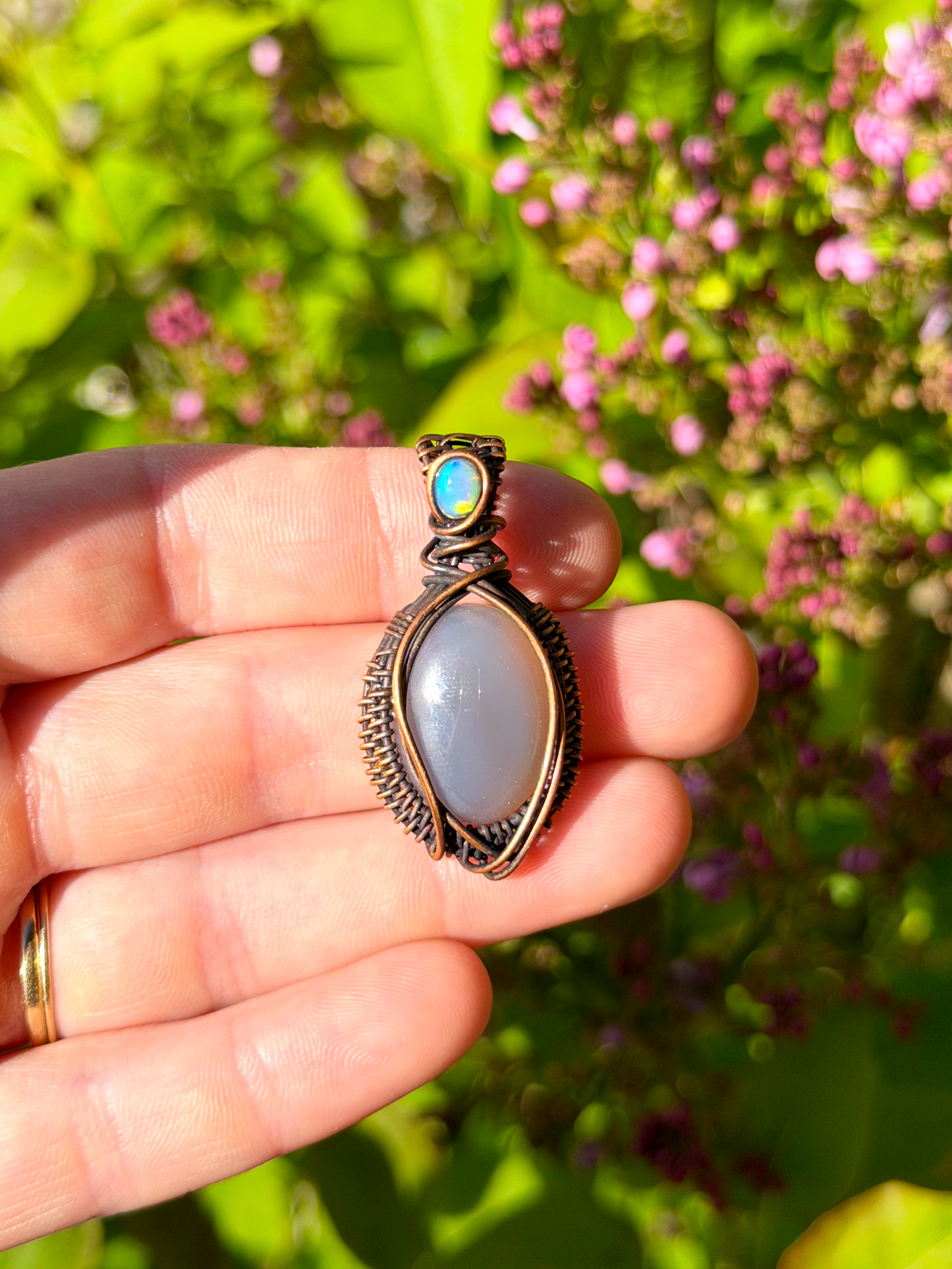 Mini Grey Moonstone & Opal Accent Crystal Copper Pendant
