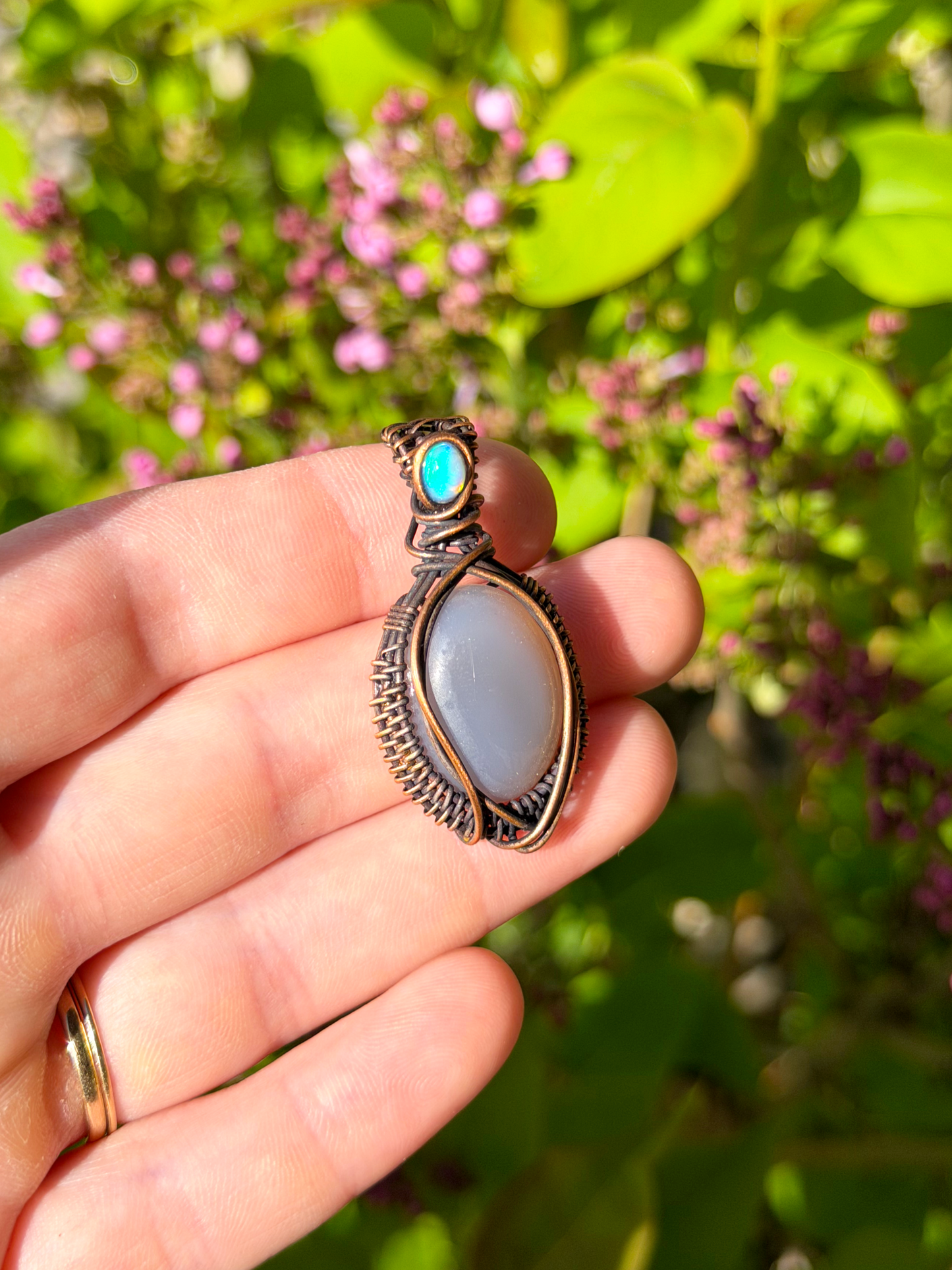 Mini Grey Moonstone & Opal Accent Crystal Copper Pendant