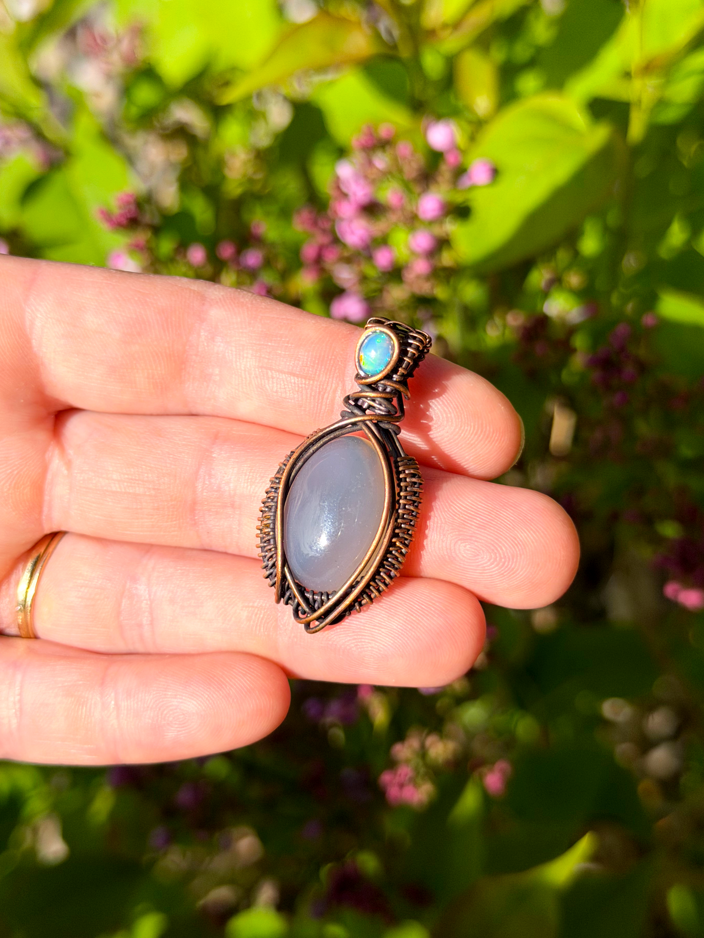 Mini Grey Moonstone & Opal Accent Crystal Copper Pendant