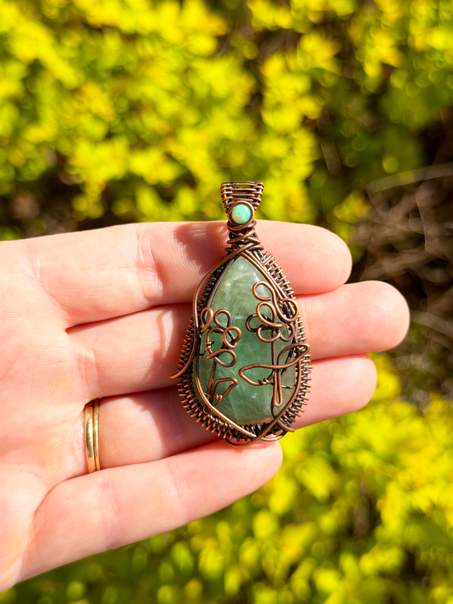Dragon Snap Green Prehnite & Opal Crystal Copper Pendant