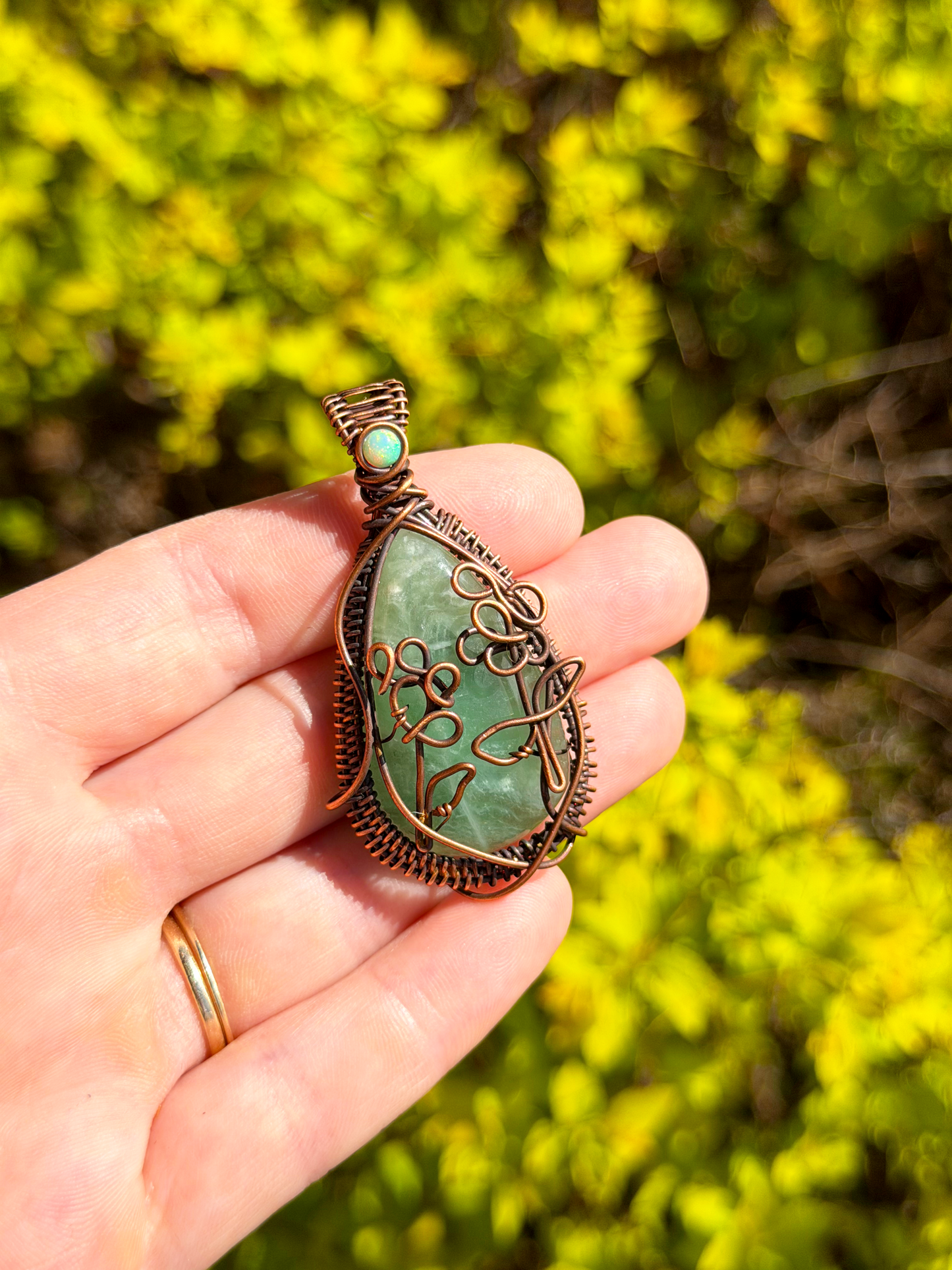Dragon Snap Green Prehnite & Opal Crystal Copper Pendant