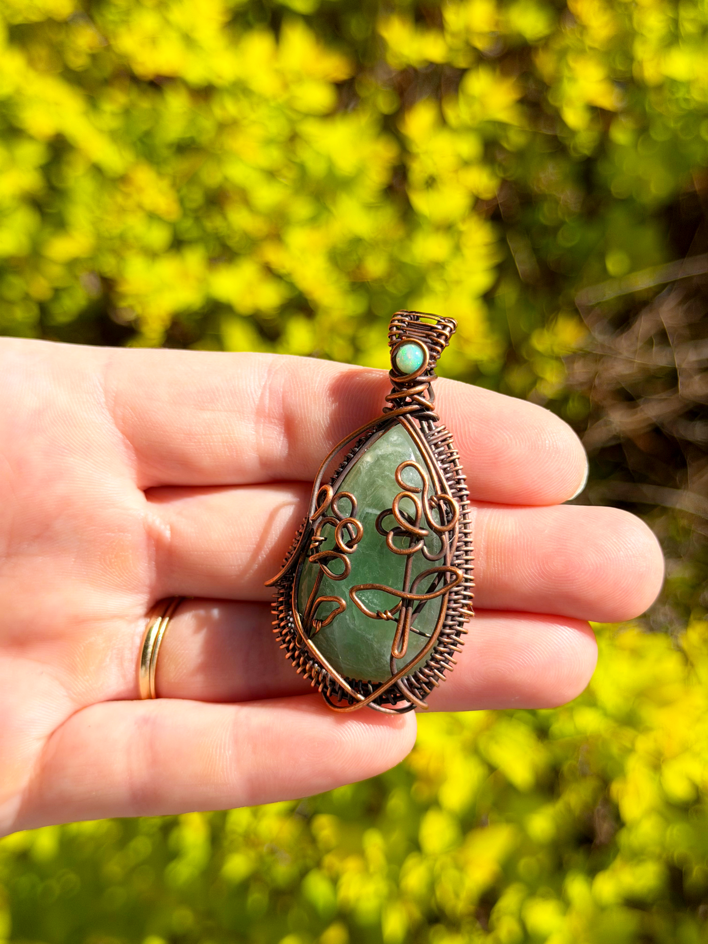 Dragon Snap Green Prehnite & Opal Crystal Copper Pendant