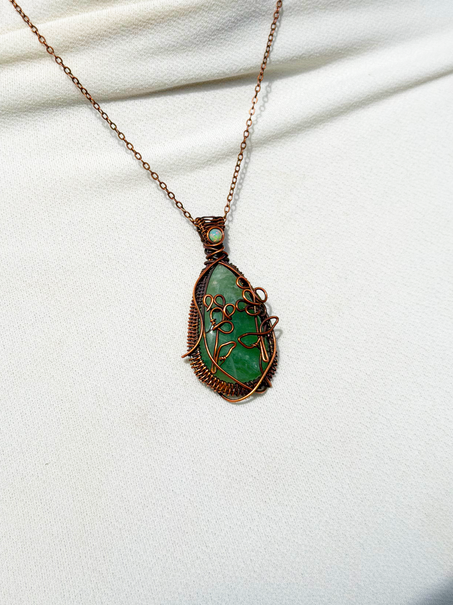 Dragon Snap Green Prehnite & Opal Crystal Copper Pendant