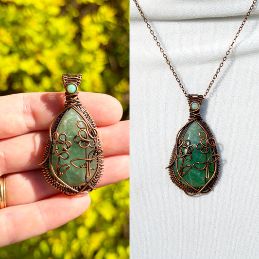 Dragon Snap Green Prehnite & Opal Crystal Copper Pendant