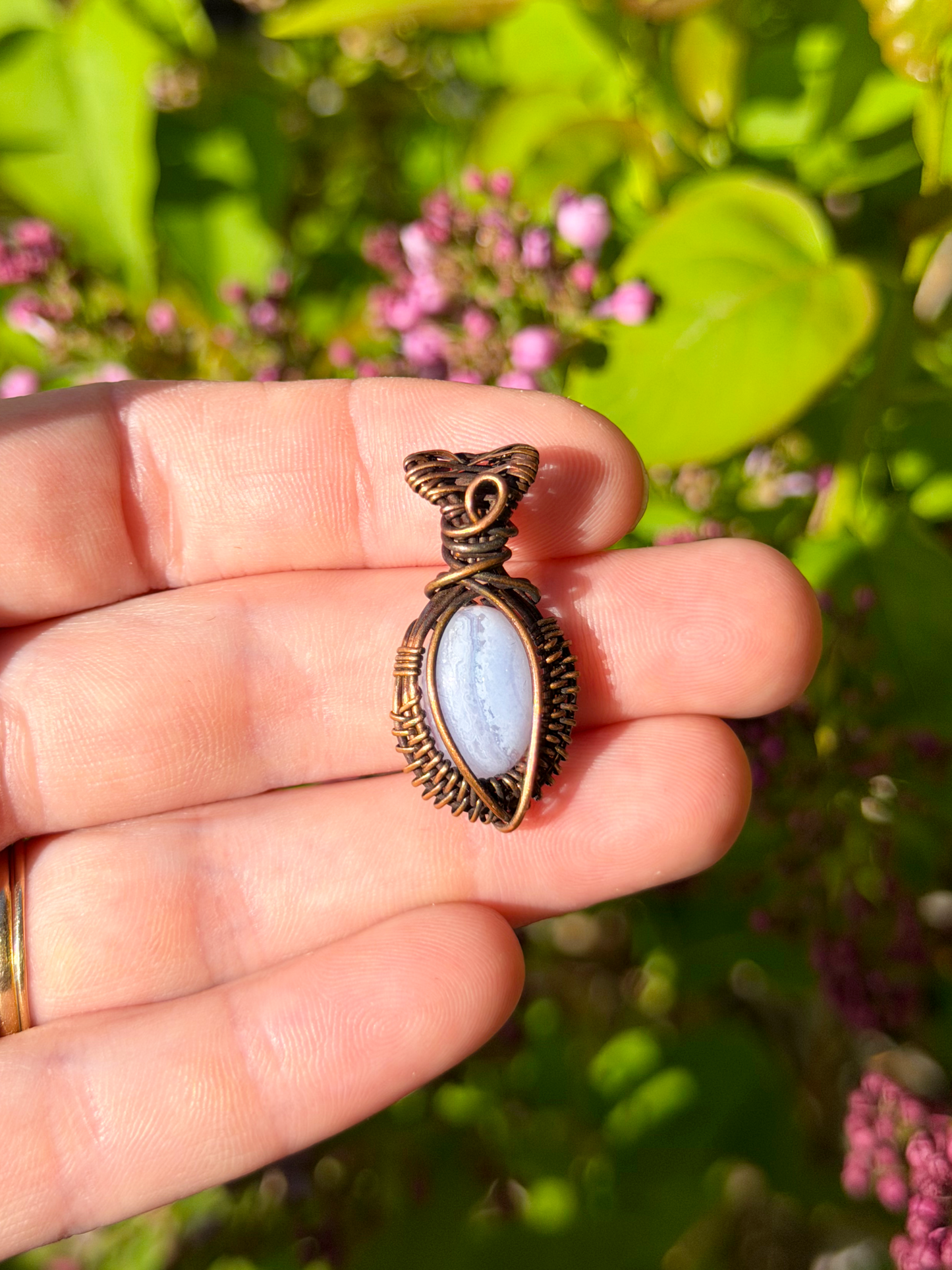Mini Blue Lace Agate Crystal Copper Pendant