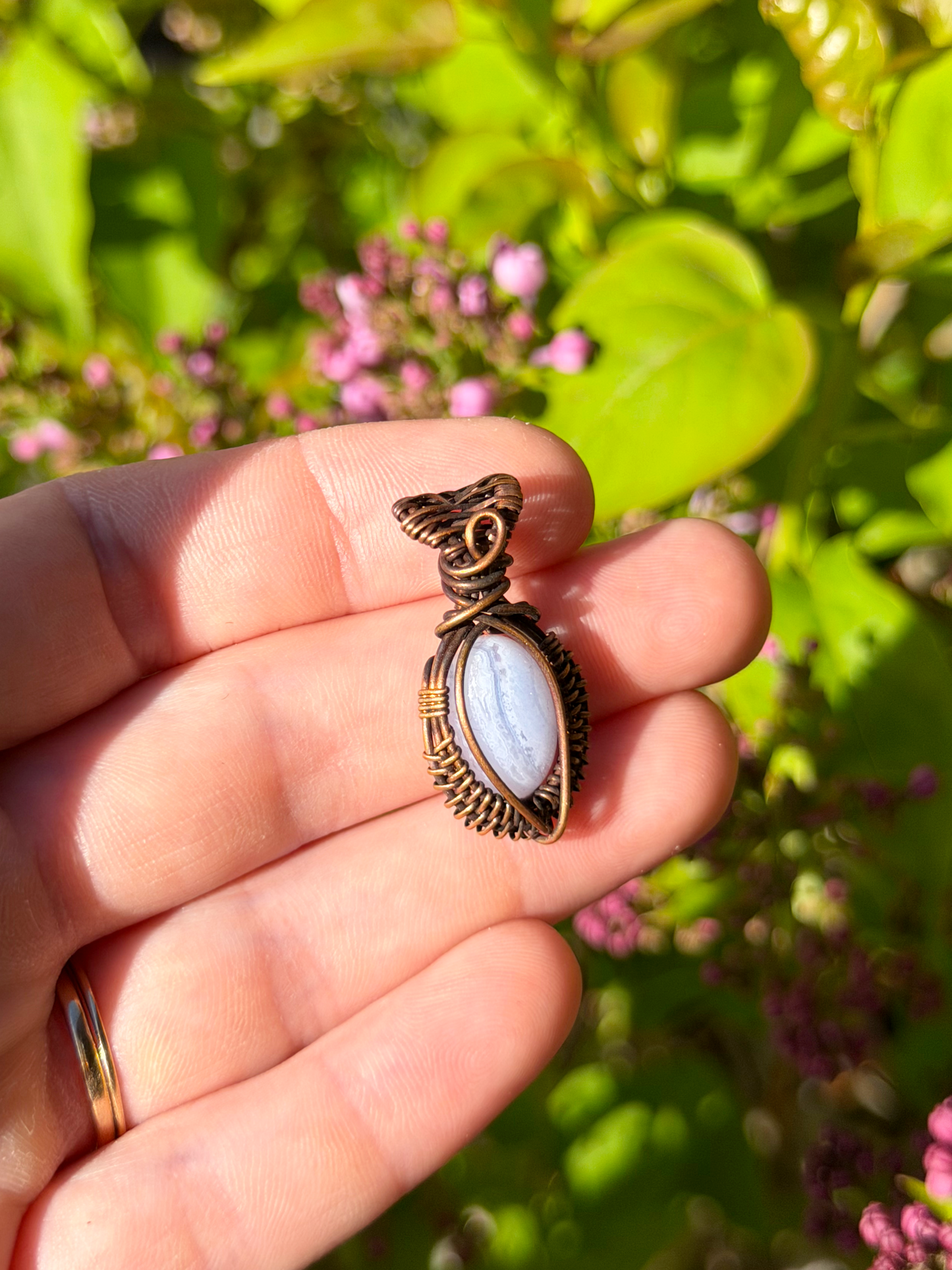 Mini Blue Lace Agate Crystal Copper Pendant