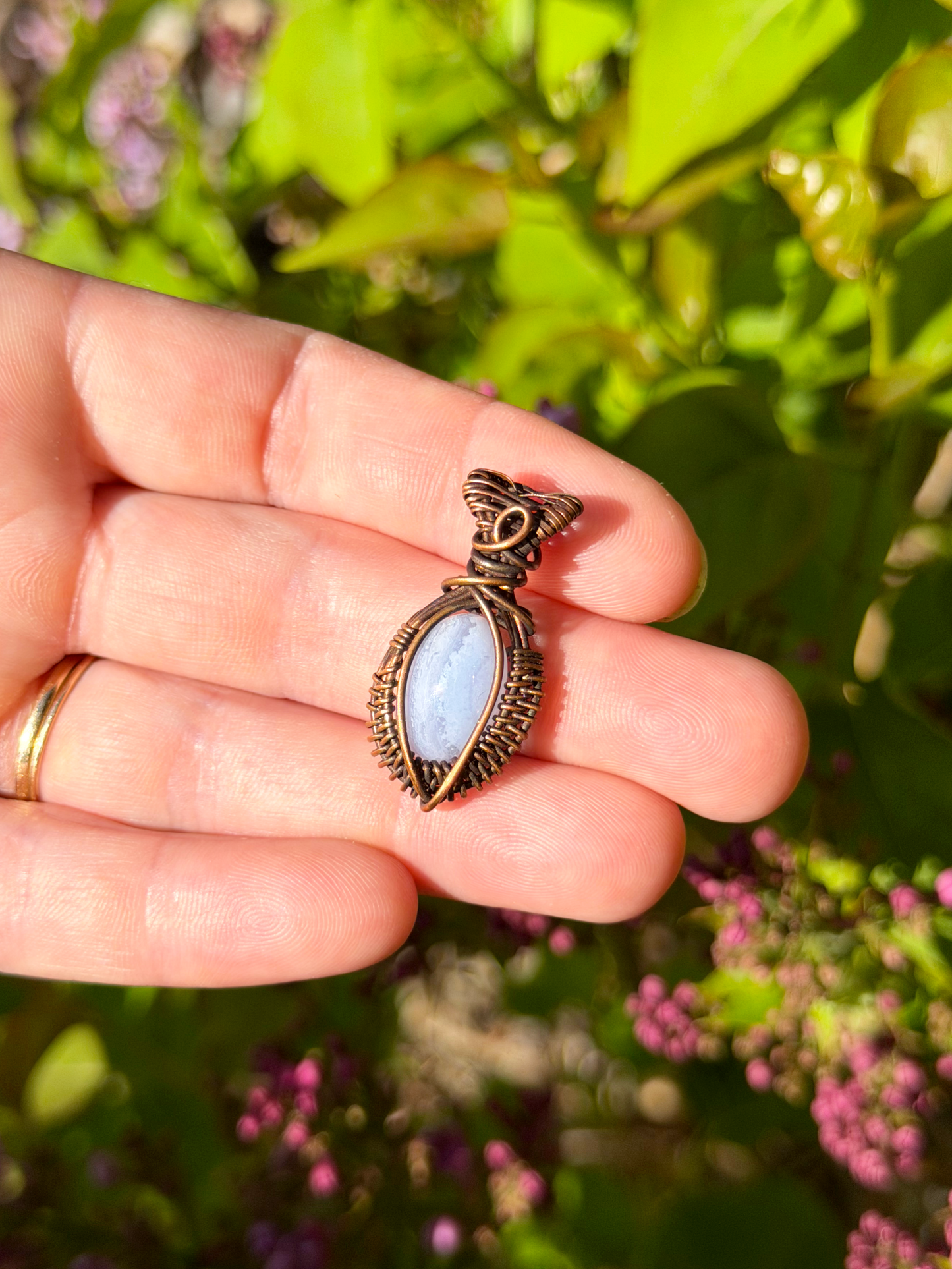 Mini Blue Lace Agate Crystal Copper Pendant