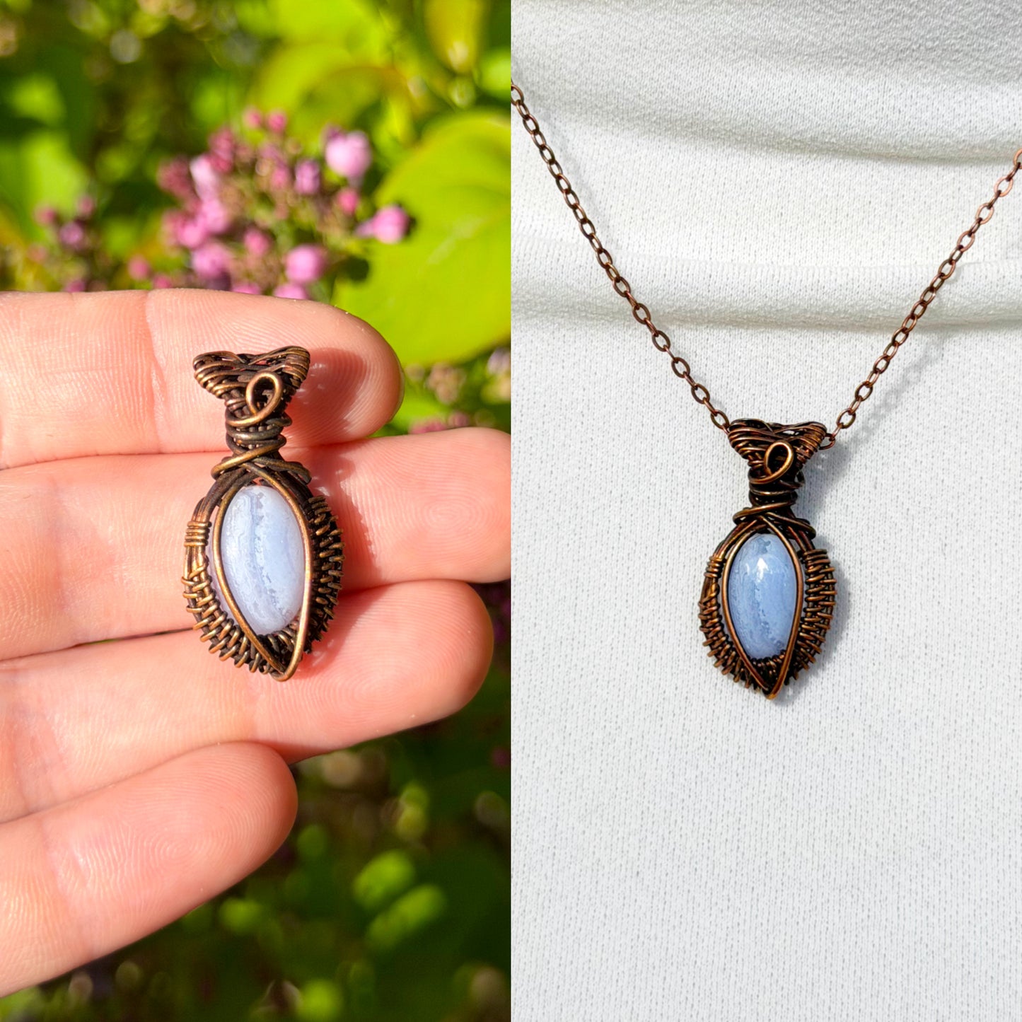 Mini Blue Lace Agate Crystal Copper Pendant