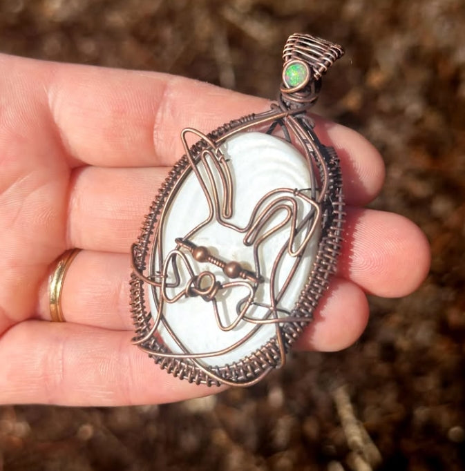 Easter Bunny Mother of Pearl & Opal Accent Crystal Copper Pendant