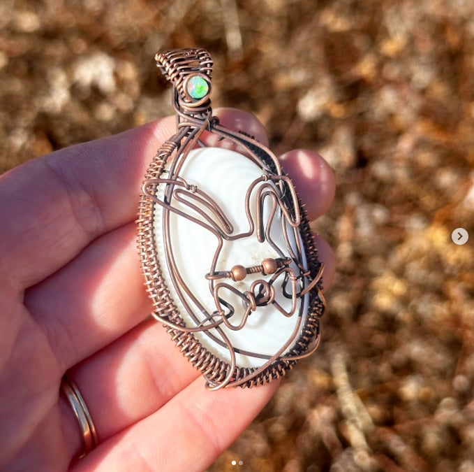 Easter Bunny Mother of Pearl & Opal Accent Crystal Copper Pendant