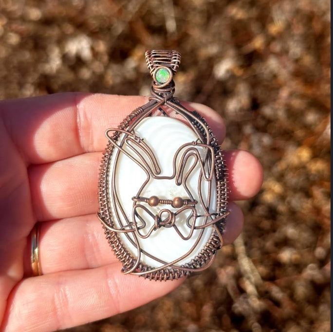 Easter Bunny Mother of Pearl & Opal Accent Crystal Copper Pendant