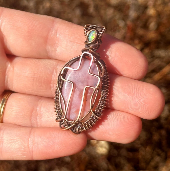 Cross Pink Opal & Opal Accent Crystal Copper Pendant