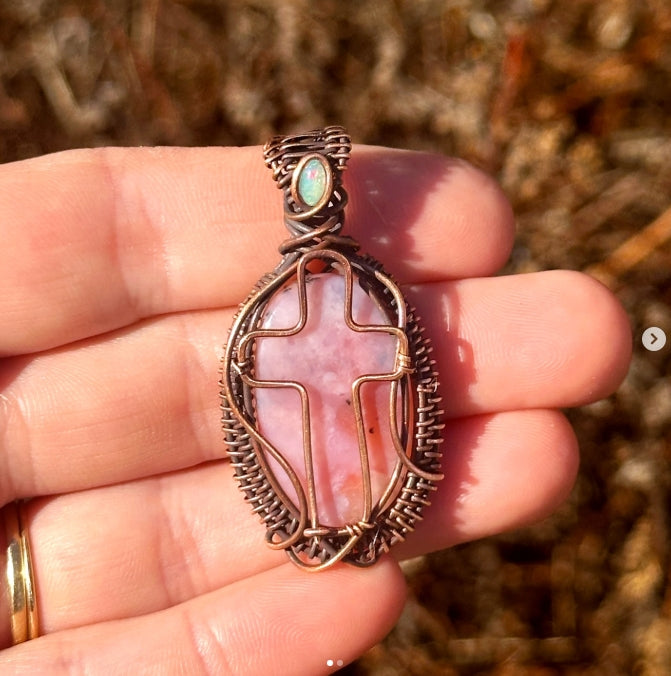 Cross Pink Opal & Opal Accent Crystal Copper Pendant