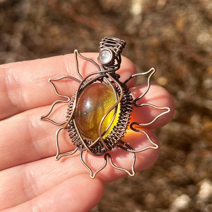 Sun Ametrine & Clear Quartz Accent Crystal Copper Pendant