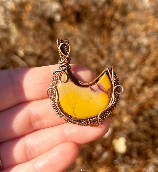 Crescent Moon Picture Jasper Crystal Copper Pendant