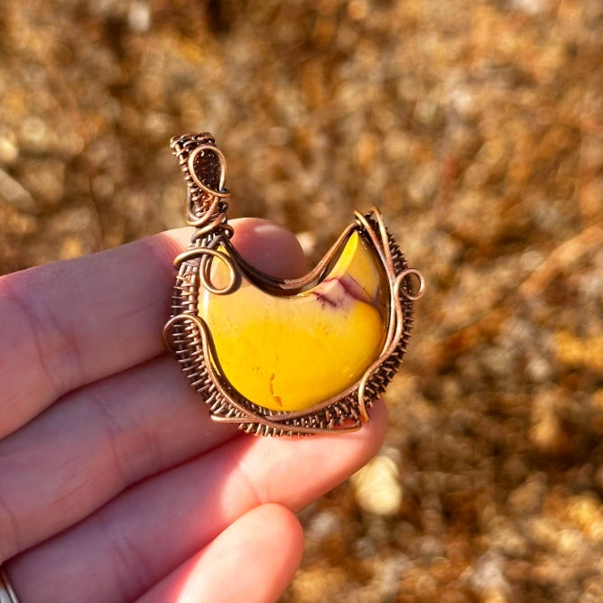 Crescent Moon Picture Jasper Crystal Copper Pendant