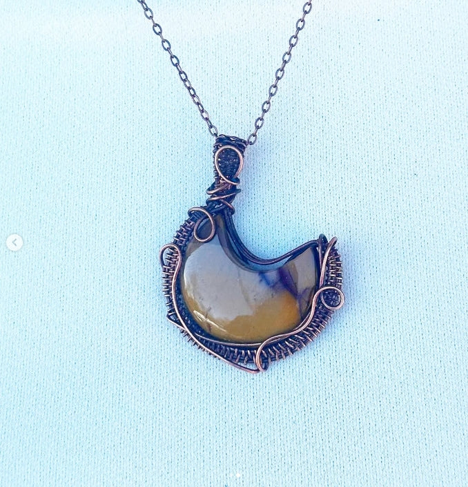 Crescent Moon Picture Jasper Crystal Copper Pendant