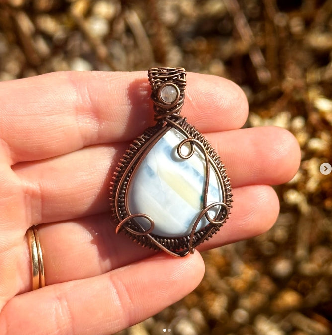 Blue Opal & Clear Quartz Accent Crystal Copper Pendant