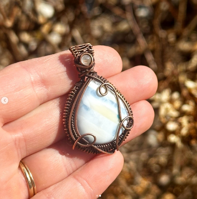 Blue Opal & Clear Quartz Accent Crystal Copper Pendant