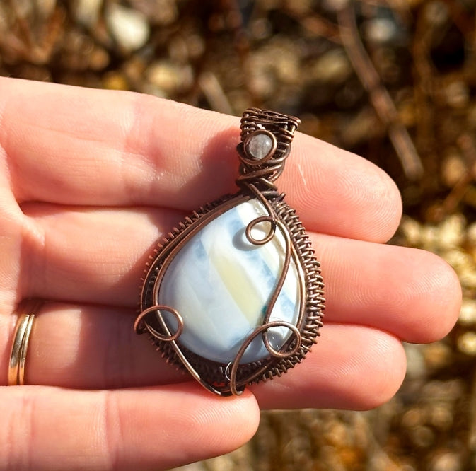 Blue Opal & Clear Quartz Accent Crystal Copper Pendant