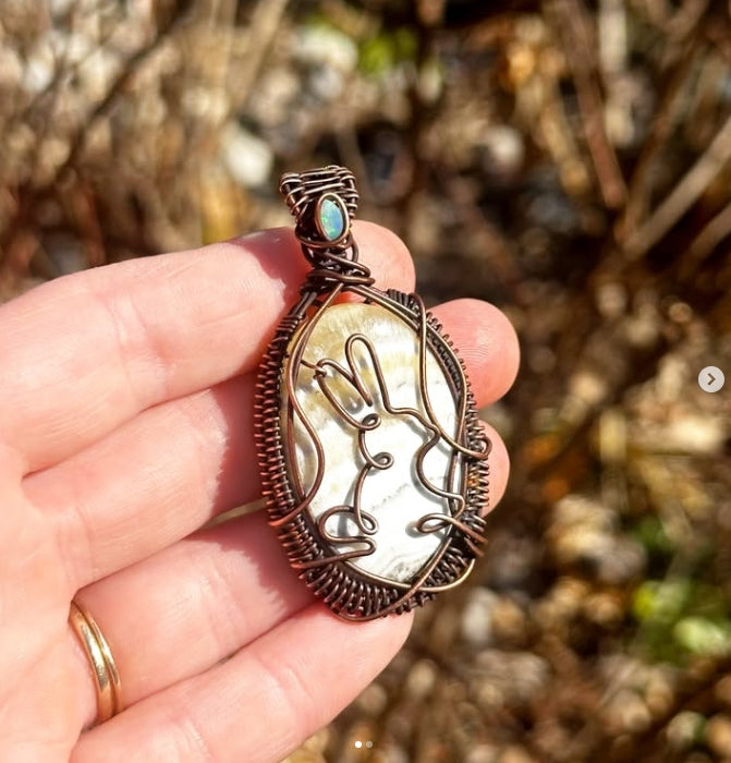Bunny Yellow Lace Agate & Opal Accent Crystal Copper Pendant