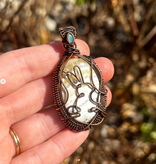 Bunny Yellow Lace Agate & Opal Accent Crystal Copper Pendant