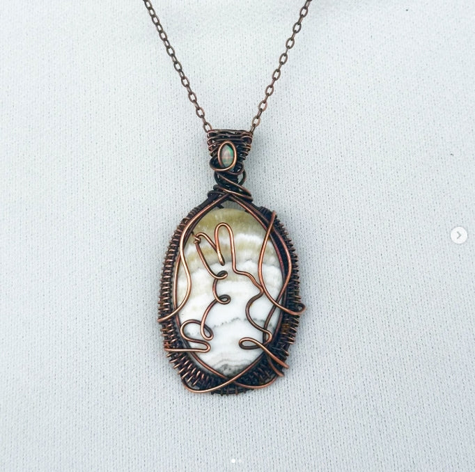 Bunny Yellow Lace Agate & Opal Accent Crystal Copper Pendant