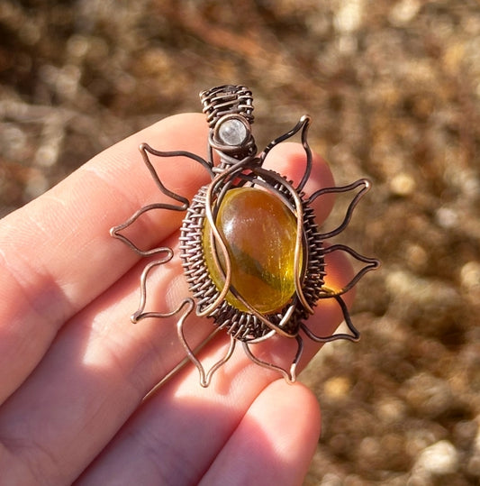 Sun Ametrine & Clear Quartz Accent Crystal Copper Pendant