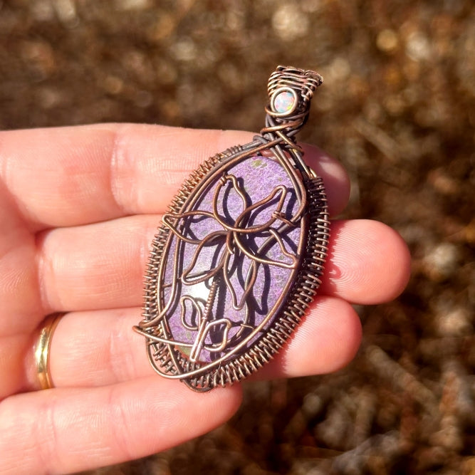 Easter Lilly Purple Stitchite & Opal Accent Crystal Copper Pendant