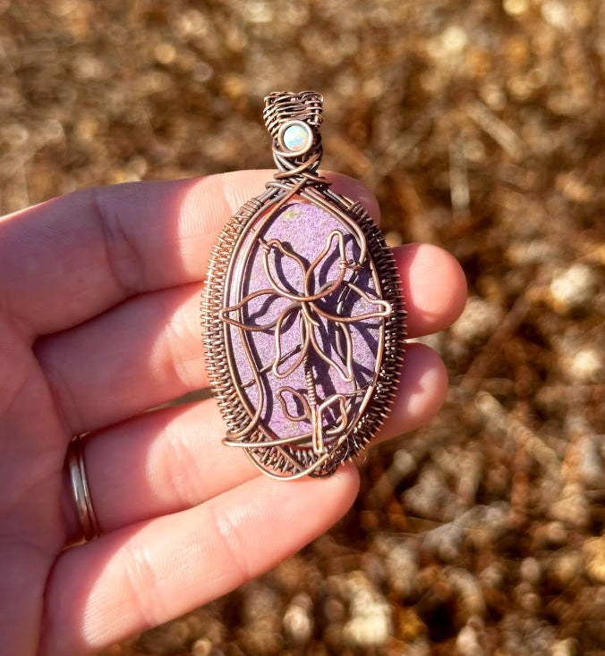 Easter Lilly Purple Stitchite & Opal Accent Crystal Copper Pendant