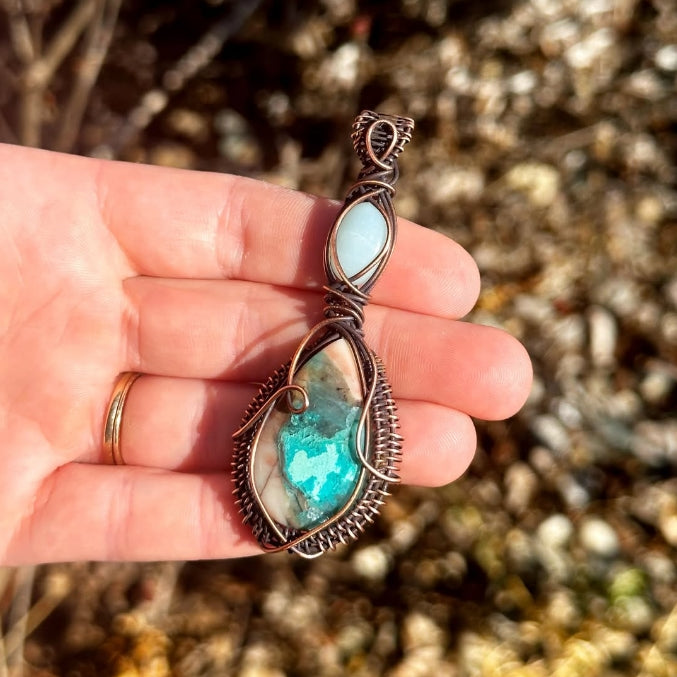 Double Chyroprase & Amazonite Crystal Copper Pendant
