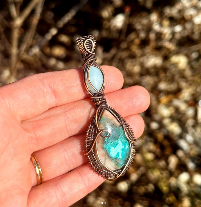 Double Chyroprase & Amazonite Crystal Copper Pendant