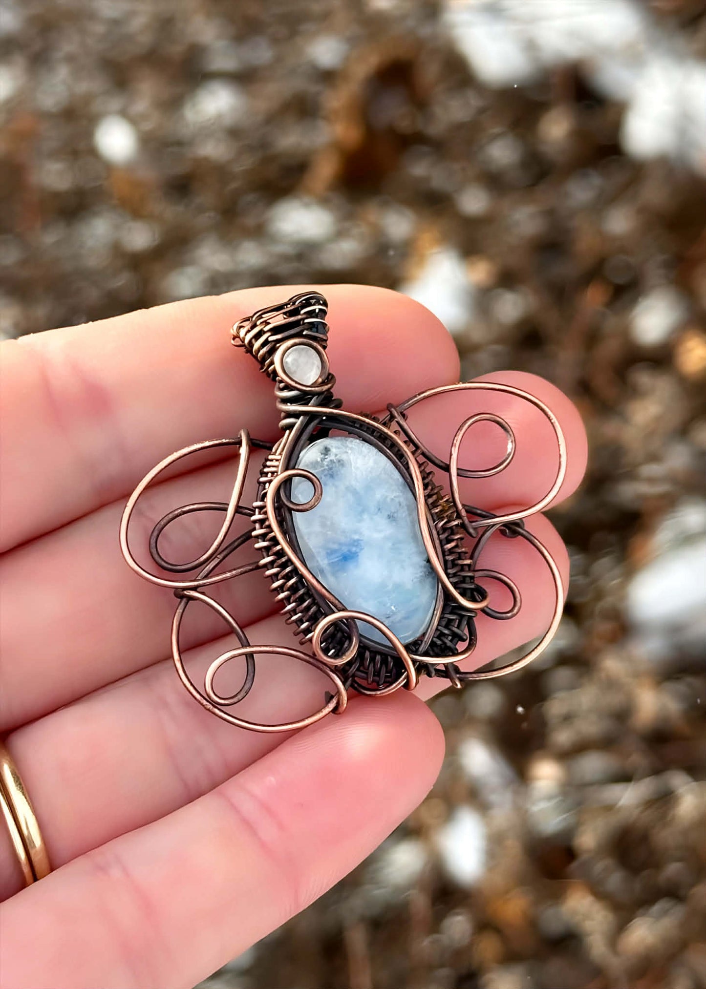 White Ermine Moth Symbol Rainbow Moonstone & Clear Quartz Accent Crystal Copper Pendant