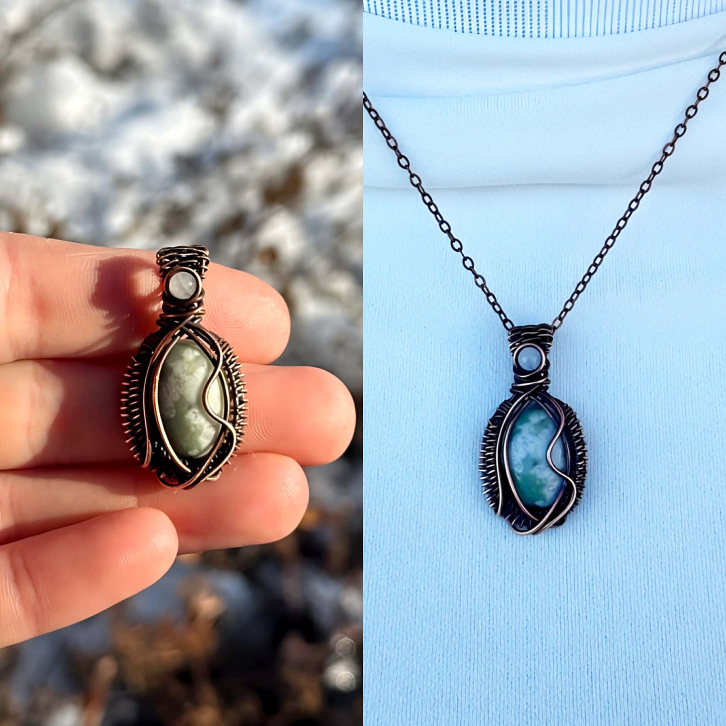 Mini Peace Jade & Clear Quartz Crystal Copper Pendant